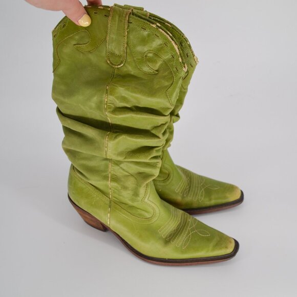 Vintage Slouchy Cowboy Boots Mid Calf Western Leather Cowgirl Green Womens 7.5 8 - Picture 2 of 8